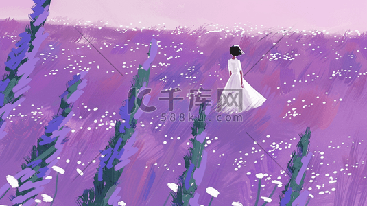 紫色田地里薰衣草女孩穿白色裙子的插画11