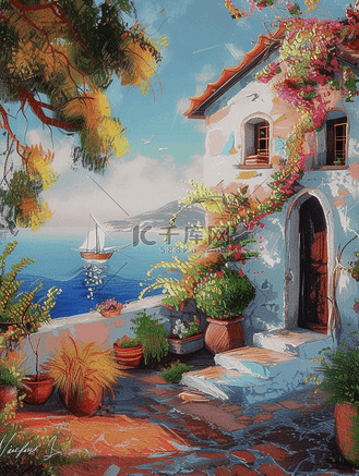 唯美海边海景房风景如画的插画7