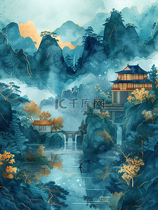 中国山水建筑水彩风格插画海报