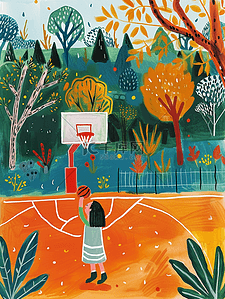 打篮球海报插画图片_春天操场孩子篮球手绘海报插画