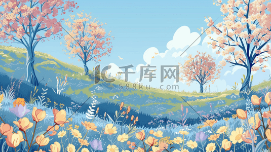 春天彩色手绘山色风景风光的插画9