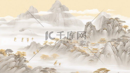 灰色战场插画图片_浅灰色和金色中国风山水画图片