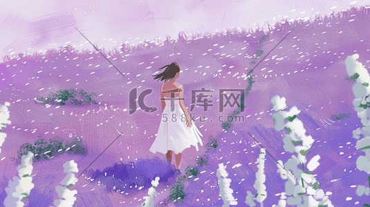 紫色田地里薰衣草女孩穿白色裙子的插画9