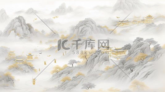 灰色云雾插画图片_浅灰色和金色中国风山水画插画素材