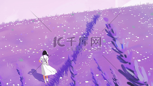 紫色田地里薰衣草女孩穿白色裙子的插画8