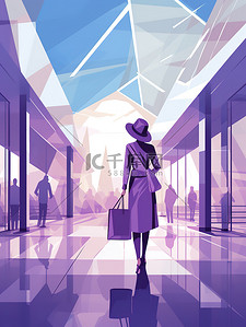 购物直播插画图片_女性购物消费紫色扁平风插画