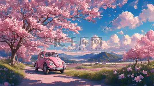 春天樱花树下粉红色汽车插画设计