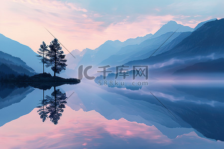 黎明的日出插画图片_宁静的湖泊黎明时分矢量插画