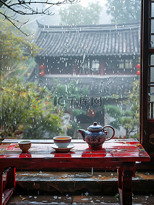 茶具插画图片_江南窗外蒙蒙细雨插图