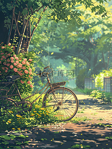 动漫自行车插画图片_阳光明媚的小路自行车素材