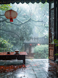 茶具插画图片_江南窗外蒙蒙细雨插图