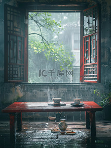 江南窗外蒙蒙细雨素材