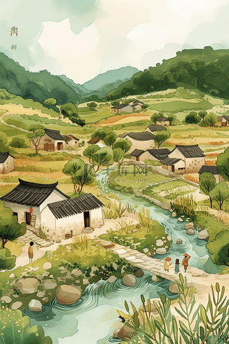 风景田间春天小溪手绘插画