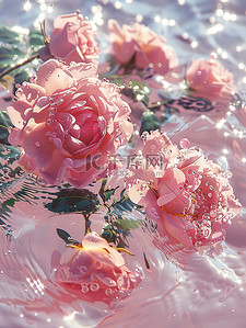 粉色玫瑰插画图片_水中粉色玫瑰梦幻唯美素材