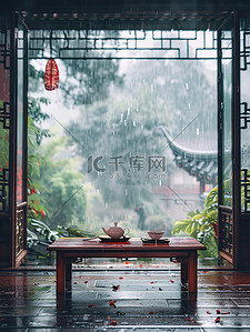 茶具插画图片_江南窗外蒙蒙细雨素材