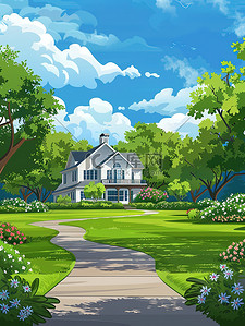 美丽的别墅花园草地春天插画