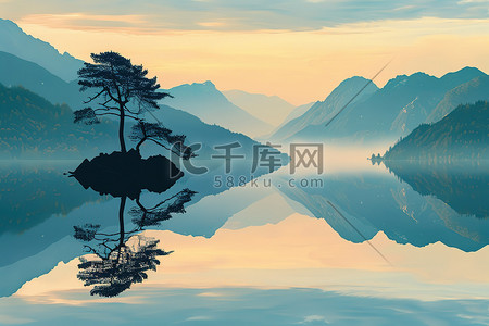 黎明的日出插画图片_宁静的湖泊黎明时分插画素材