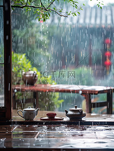 茶具插画图片_江南窗外蒙蒙细雨插画素材