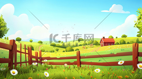 田野和木栅栏农场插画海报