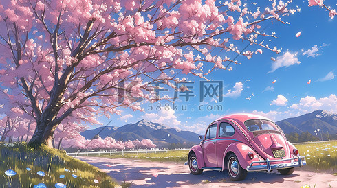 春天樱花树下粉红色汽车图片