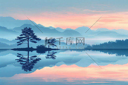 黎明的日出插画图片_宁静的湖泊黎明时分原创插画