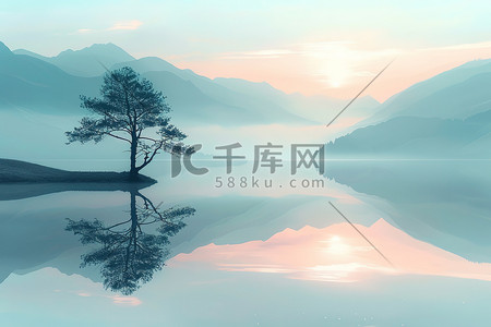 黎明的日出插画图片_宁静的湖泊黎明时分素材