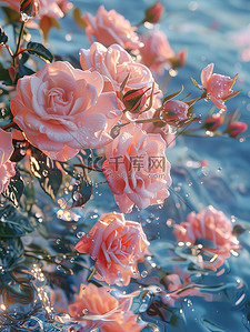 玫瑰花瓣雨插画图片_水中粉色玫瑰梦幻唯美素材