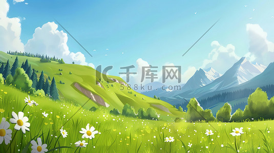 春天绿色草地山岳原创插画