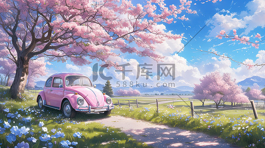 郊游汽车插画图片_春天樱花树下粉红色汽车插画图片