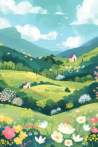 春天彩色的山坡手绘开满野花插画