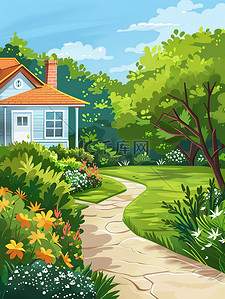 农村带院二层别墅插画图片_美丽的别墅花园草地春天插画海报