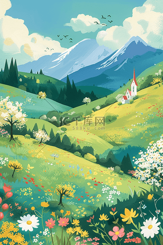 手绘童话山坡图片素材_彩色的山坡开满野花春天手绘插画