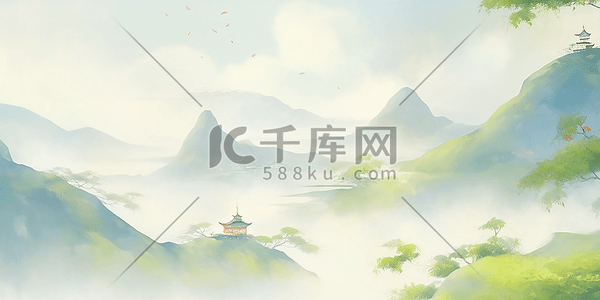 青色国潮插画图片_清明节山水画中国风