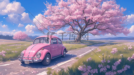 郊游汽车插画图片_春天樱花树下粉红色汽车插画设计
