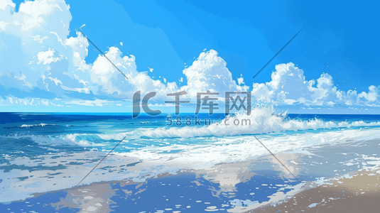 简约清新蓝色海边沙滩上浪花的插画9