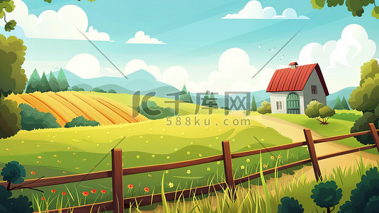 白色栅栏竖着的插画图片_田野和木栅栏农场插画素材