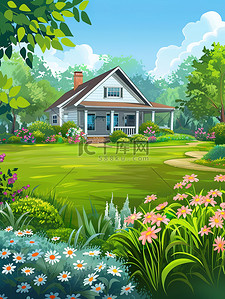 美丽的别墅花园草地春天插画素材