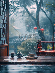 细雨插画图片_江南窗外蒙蒙细雨图片