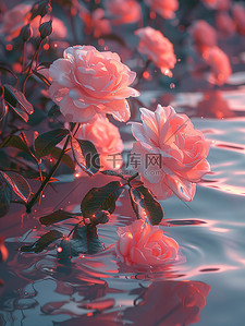 粉色玫瑰插画图片_水中粉色玫瑰梦幻唯美图片