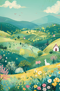 插画春天彩色的山坡开满野花手绘