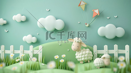 可爱羊羊插画图片_可爱的羊绿色草地3D卡通插画