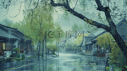 江南烟雨插画图片_江南烟雨小镇风景插画5