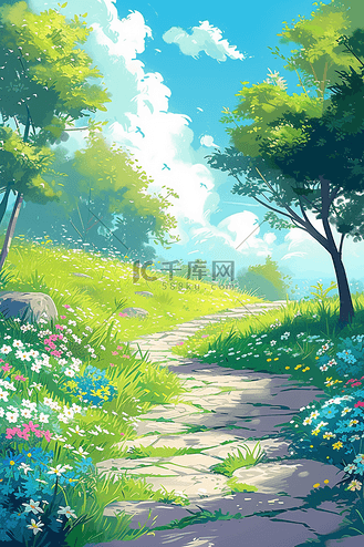 风景春天唯美手绘油画插画树林小路