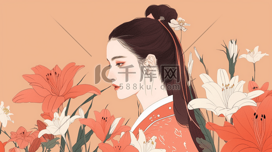 中国风古代美女赏花插画0