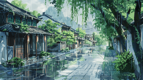 江南烟雨小镇风景插画=