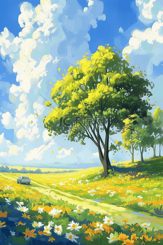 金钱满地风景图片素材_春天风景绿草花朵手绘插画