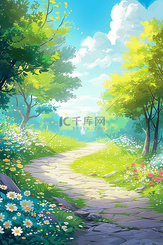 油画春天风景唯美手绘插画树林小路