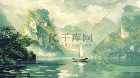 绿色中国风山水风景插画15