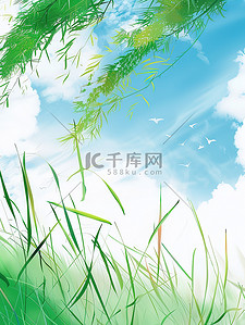 绿草和蓝天春天清新插画素材