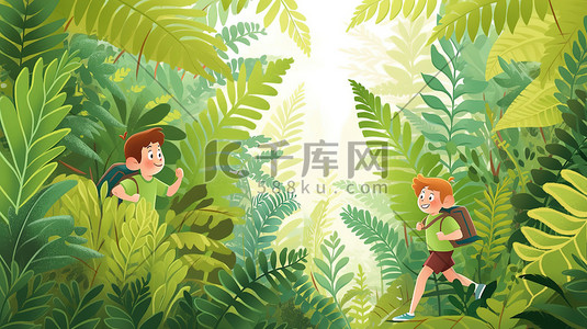 孩子们在森林徒步旅行矢量插画